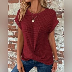 CHIC TWIST HEM BREATHABLE SHORT SLEEVE KNIT FABRIC TOP